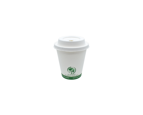 The front side of a small white compostable coffee cup container with green ink