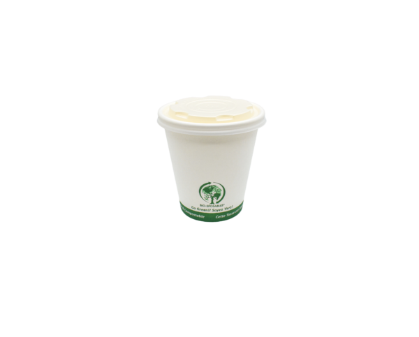 The front side of a white compostable coffee cup container with green ink