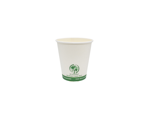 The front side of a white compostable coffee cup container with green ink