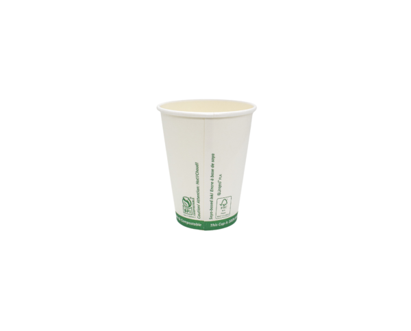 The back side of a white compostable coffee cup container with green ink