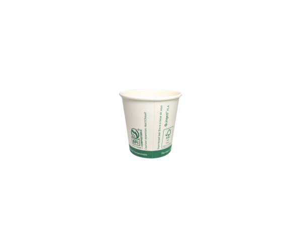 The back side of a small white compostable food tub container with green ink
