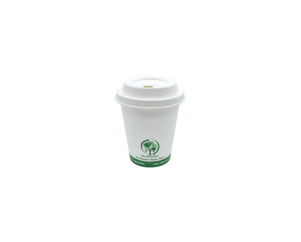 compostable white coffee cup with green ink