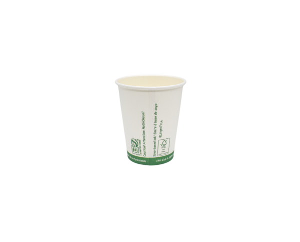 The back side of a white compostable coffee cup container with green ink