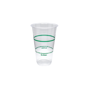 compostable clear coffee cup with green ink