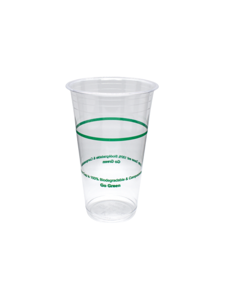 compostable clear coffee cup with green ink