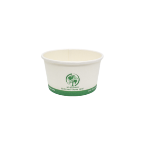 The front side of a small white compostable food tub container with green ink