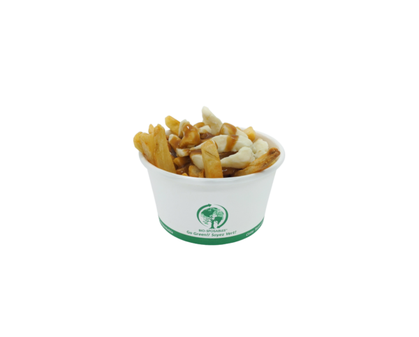 white compostable food tub container with green ink and poutine inside