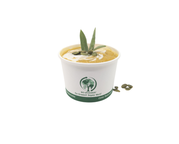 white compostable food tub container with green ink and food inside