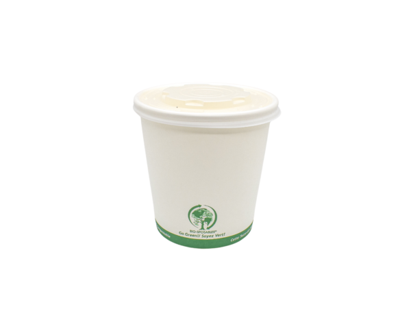 The front side of a small white compostable food tub container with green ink