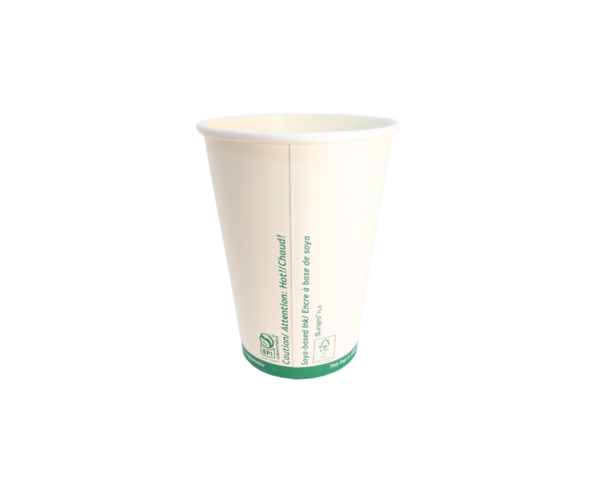 The back side of a white compostable food tub container with green ink