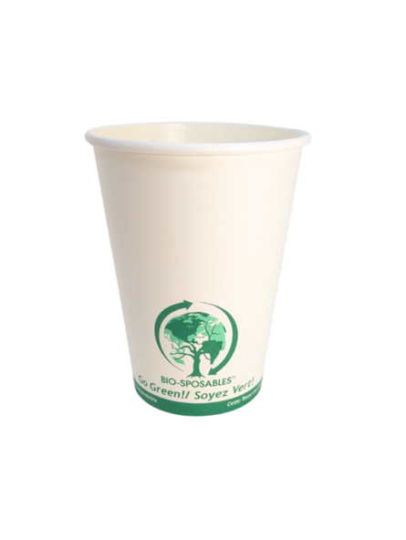 The front side of a white compostable food tub container with green ink