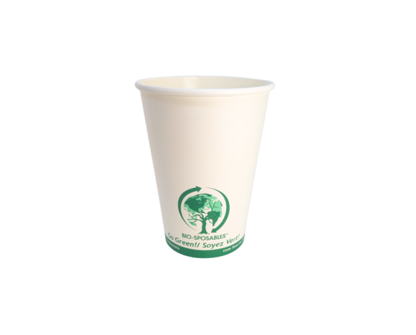 The front side of a white compostable food tub container with green ink