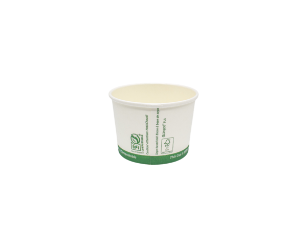 The back side of a small white compostable food tub container with green ink