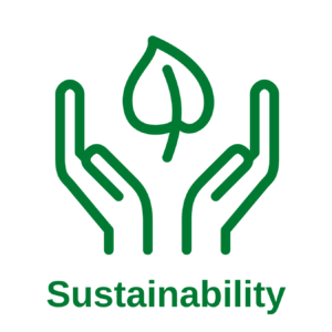 2 green hands and a leaf with "Sustainability" written in green