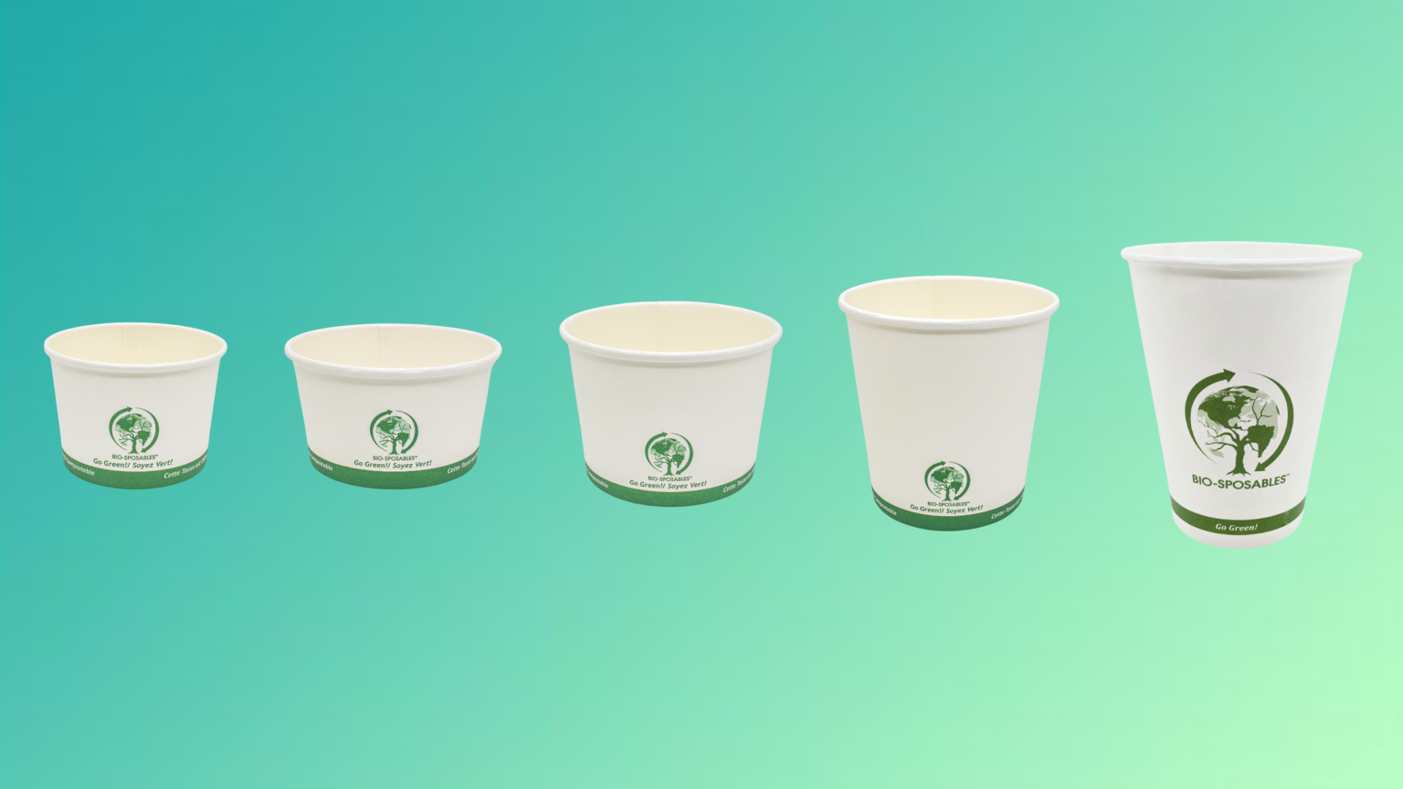 compostable white food tubs with green gradient background