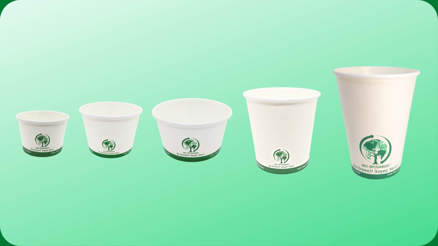 different sizes of white compostable food tub containers with green ink