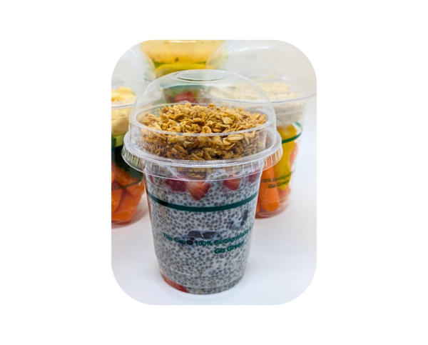 Dome lid with granola portion chia seed pudding with strawberry parfait