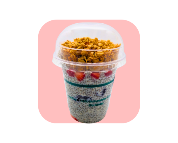 Dome lid with granola tray in chia seed pudding strawberry blackberry parfait