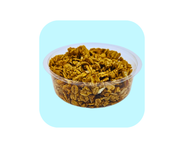 Granola in tray with blue background
