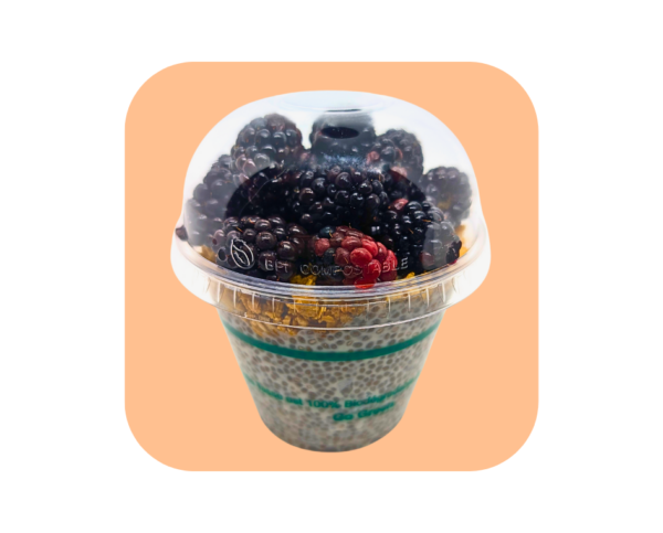 Dome Lid with black berries granola chia seed parfait in green stripe compostable cup